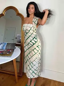 TRAF Acanalada Vestido de Mujer Verde de Impresión Bodycon Vestidos Largos para las Mujeres 2023 Vestidos de Noche de las Mujeres de los Hombros Fuera de Fiesta Vestido Midi